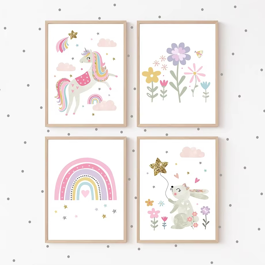 Baby Nursery Mirror - Pembe Unicorn Tavşan Gökkuşağı Bulut Çiçek
