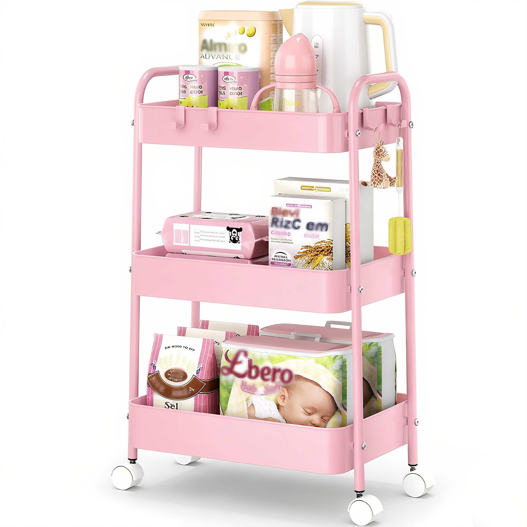Baby Nursery Office - 3 Katmanlı Tekerlekli Metal Araba Modern