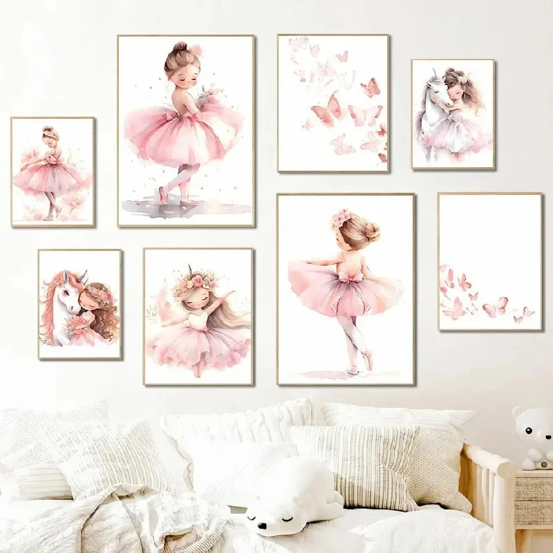 Baby Nursery Frames - Pembe Balerin Kız Unicorn Kelebek Posteri