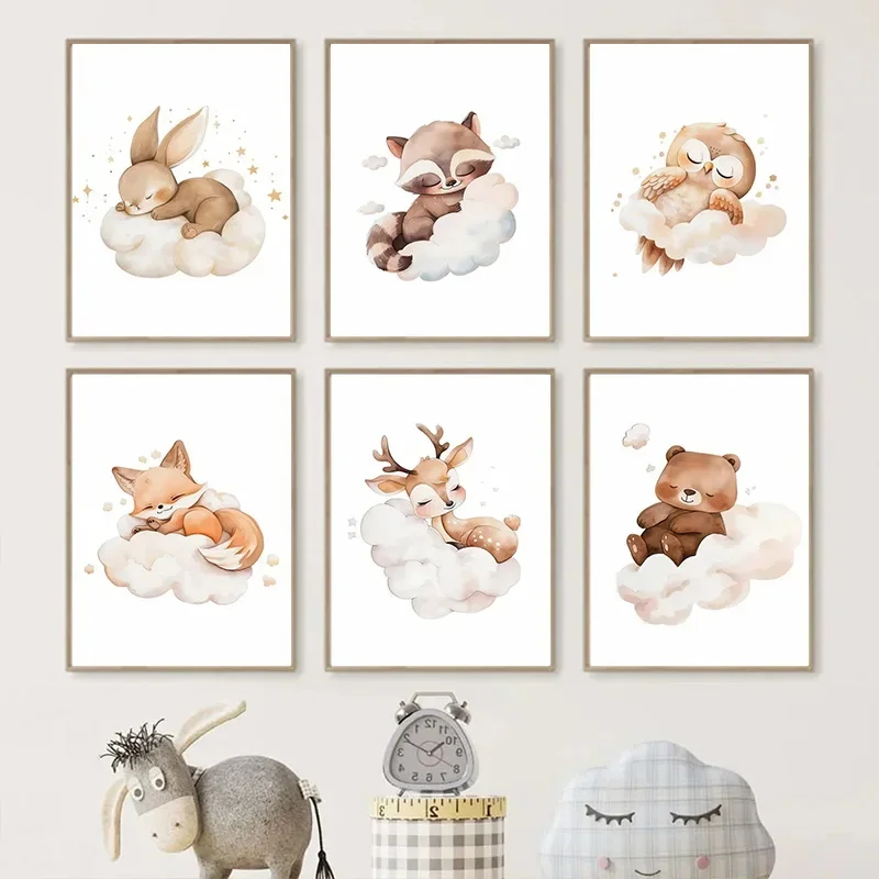 Baby Nursery Frames - Karikatür Bulut Hayvan Tuval Boyama Duvar