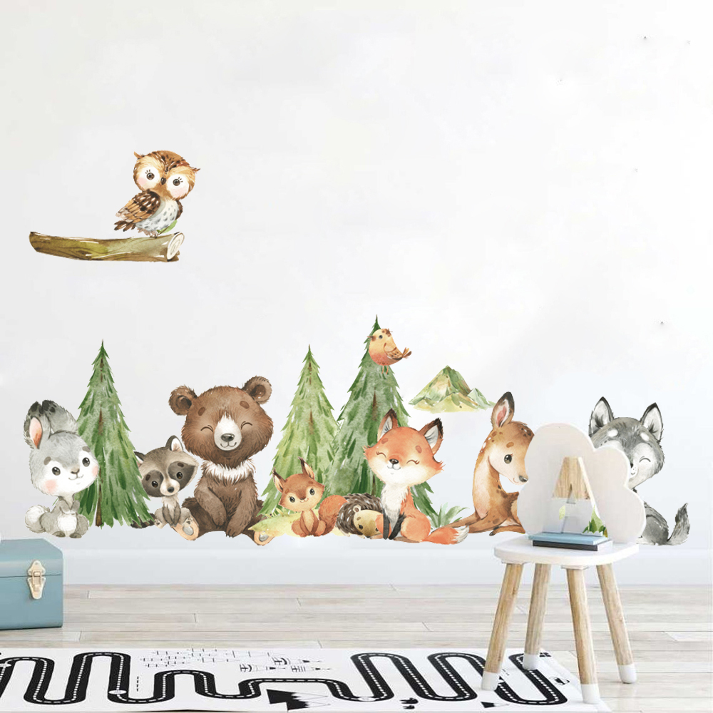 Baby Nursery Tree - Karikatür Suluboya Orman Hayvan Duvar Sticker