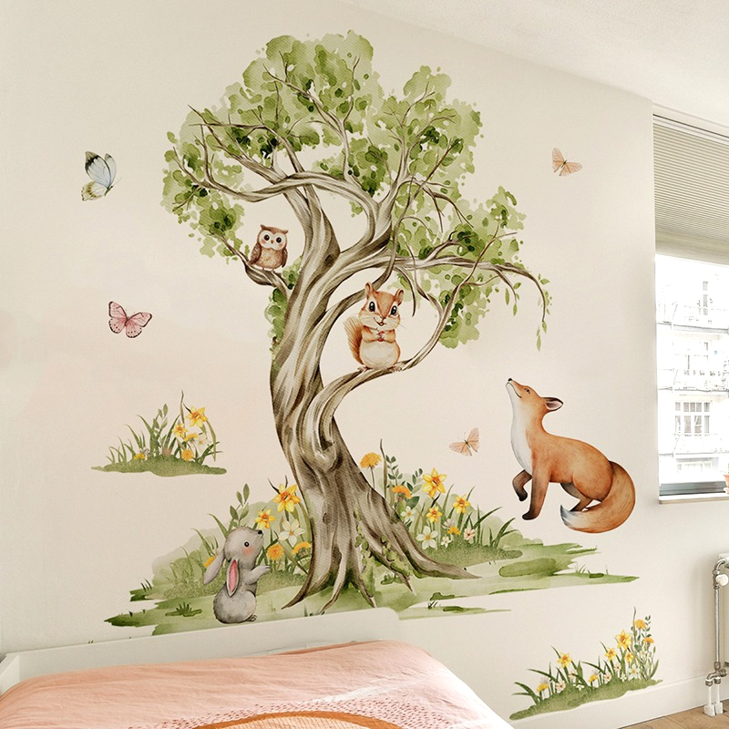 Baby Nursery Tree - Suluboya Orman Büyük Ağaç Hayvanlar Duvar