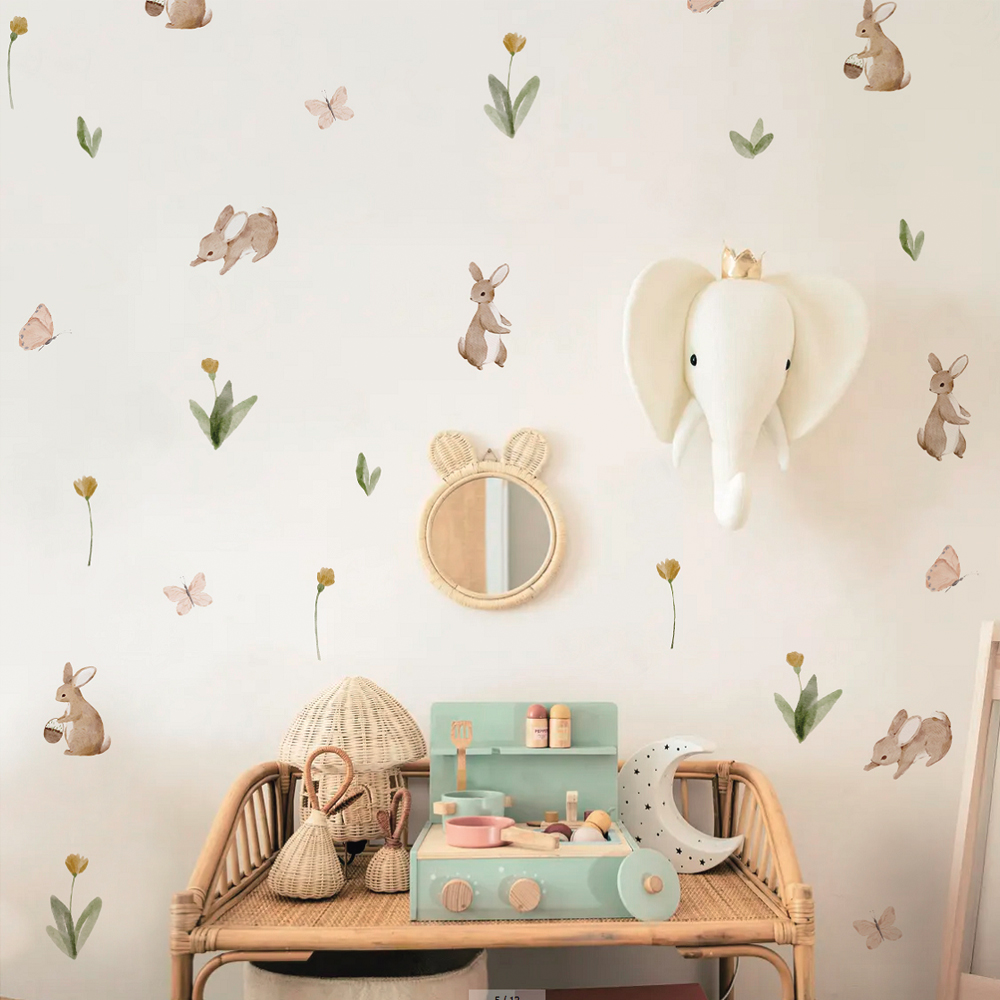 Baby Nursery Wall Stickers - Yaz Zamanı Suluboya Sevimli Tavşanlar ve