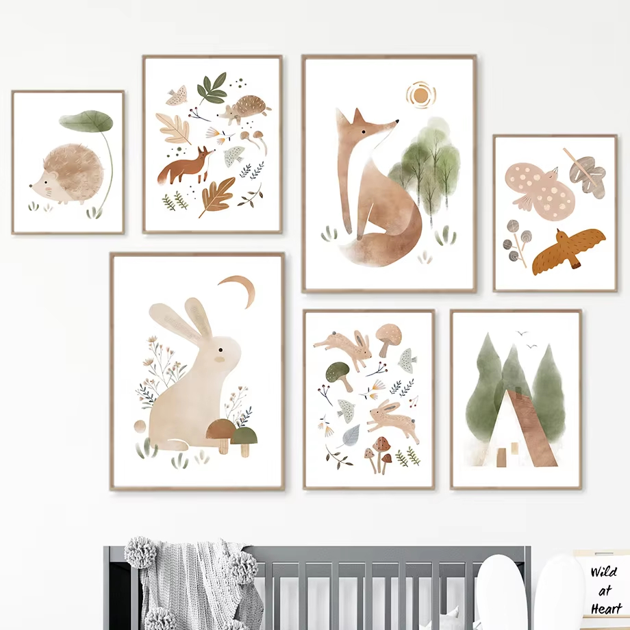 Baby Nursery Mirror - Boho Tavşan Tilki Kirpi Kuş Yaprak