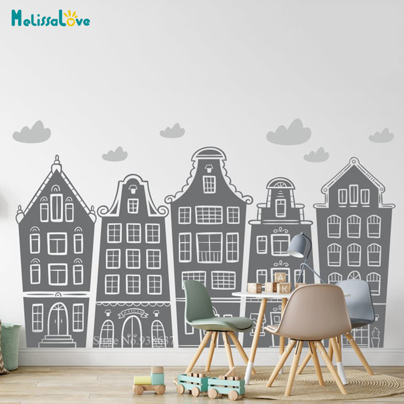 Baby Nursery Wall Stickers - İskandinav evler ve bulutlar çıkartması kreş