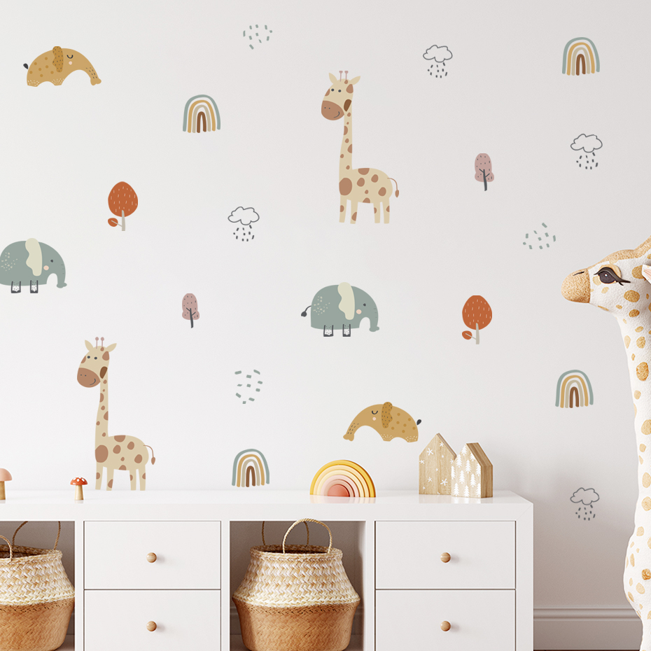 Baby Nursery Tree - Karikatür Zürafa Fil Hayvan Duvar Sticker