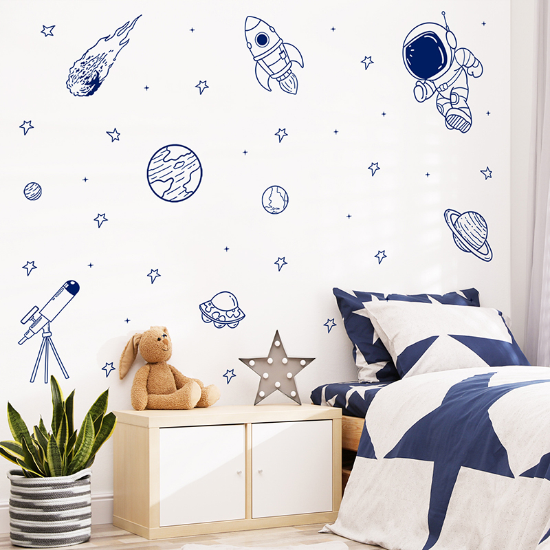 Baby Nursery Furniture - Karikatür Evren Astronot Gezegen Roket Duvar